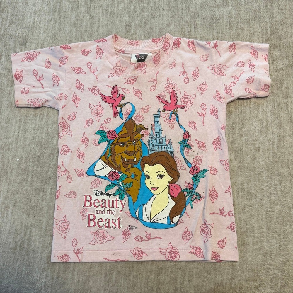 Vintage SSI Disney Beauty and the Beast Pink Rose Print AOP Tee Girls Size 5/6